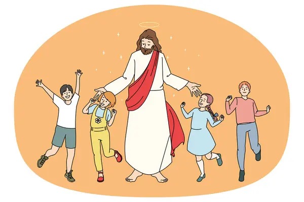 Crianças Sorrindo Dançando Redor Jesus Cristo Sentindo Alegre Animado Jesus —  Vetores de Stock