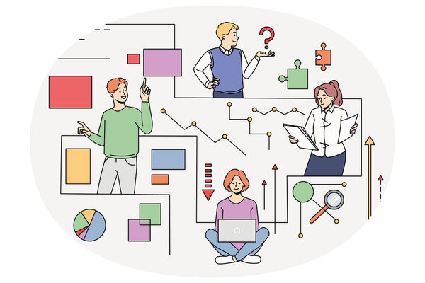 Различные люди, подключенные к сети в поисках информации или решения проблем. Мужчины и женщины сотрудничают для решения проблем. Командная работа. Векторная иллюстрация.