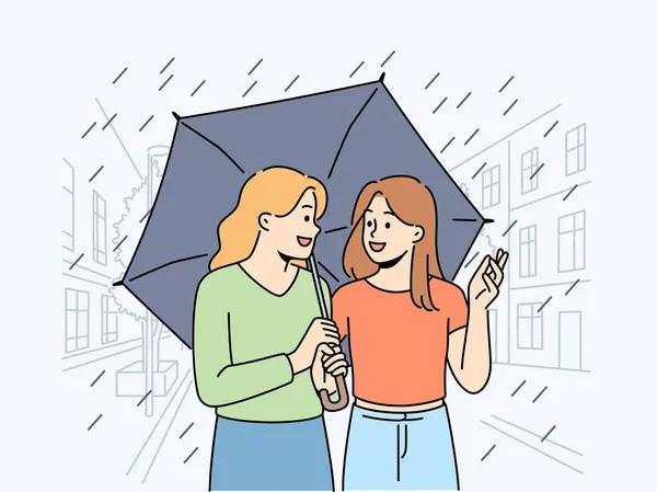 Mosolygó Barátnők Sétálnak Esernyő Alatt City Streeten Boldog Barátok Esőben — Stock Vector