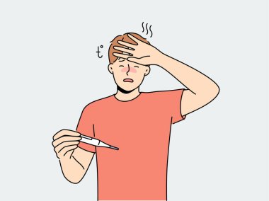 Hasta adam gripten ya da termometredeki yüksek sıcaklıktan muzdarip. Sağlıksız adam soğuk koronavirüsle boğuşuyor. Sağlık hizmetleri. Vektör illüstrasyonu. 