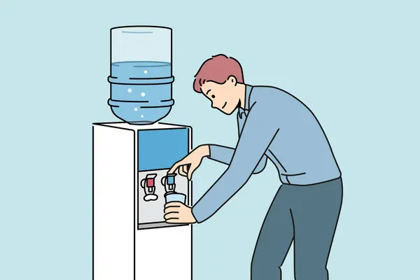 stock vector Smiling man get water in cooler in office. Male pour clean still aqua from dispenser at workplace. Vector illustration. 