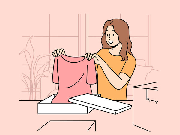 Smiling woman opening parcels with clothes shopping online from home. Excited female buyer unpack boxes with orders from internet shops. Vector illustration. 