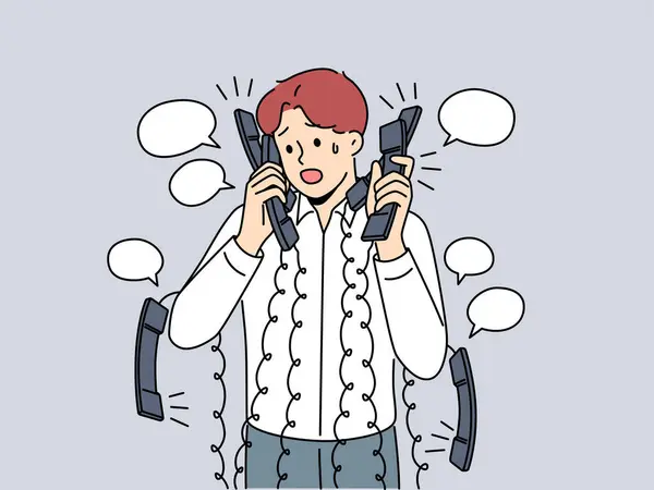 Stressed Businessman Numerous Headsets Overwhelmed Phone Calls Office Exhausted Male — Stock Vector