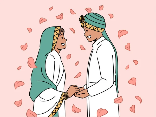 Souriant Arabe Homme Femme Costumes Mariage Traditionnels Profiter Cérémonie Mariage — Image vectorielle