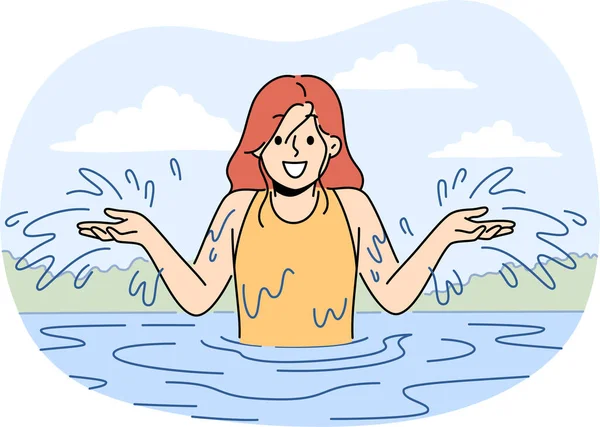 笑顔の女の子は夏に水に飛び散る楽しさを持っています 夏に川で遊んでいる幸せな子供 子供の頃に ベクトルイラスト — ストックベクタ