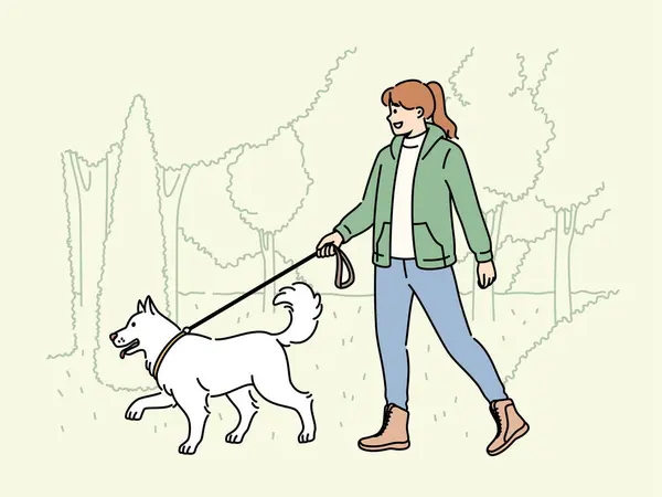 Smiling Woman Walking Dog Leash Park Happy Girl Enjoy Walk — Stock Vector