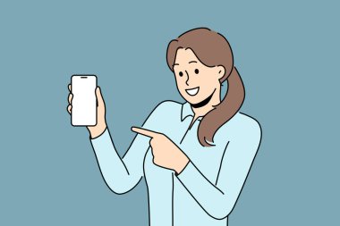 Gülümseyen kadın cep telefonuyla ekranı gösteriyor. Akıllı telefondaki boş ekranlı mutlu kadın şovu. Teknoloji ve reklam. Vektör illüstrasyonu. 
