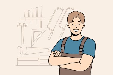 Smiling male carpenter in unform and glasses in workshop. Happy craftsman posing in woodwork workroom. Vector illustration.  clipart