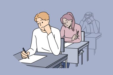 Distressed students sit at desk writing on paper. Unhappy people handwriting on exam or test in classroom. Vector illustration.  clipart