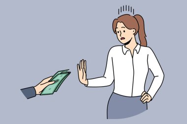 Woman refuses to take bribe making stop gesture and not wanting to participate in corruption business deals. Girl civil servant or official refuses bribe and lobbying interests of corporations clipart