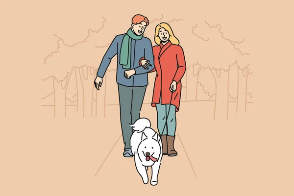 Man Woman Walking Dog Together Park Enjoying Walk Autumn Evening — Stock Vector