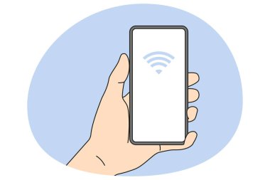 NFC ekranda akıllı telefon tutan kişi. Yakın alan iletişim teknolojisi cep telefonunda. Cep telefonuyla NFC ödemesi. Düz vektör illüstrasyonu.