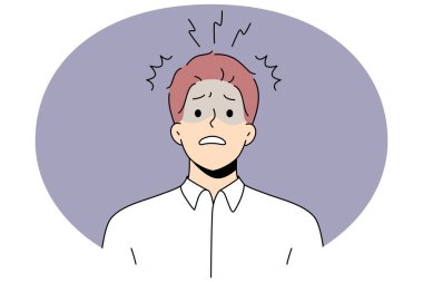 Mutsuz erkek çalışanlar veya işçiler iş sorunları yüzünden hayal kırıklığına uğrarlar ve sıkıntı yaşarlar. Endişeli işçi, haber ve fikirlerle karışık olduğunu vurguladı. Hayal kırıklığı ve stres. Vektör illüstrasyonu.