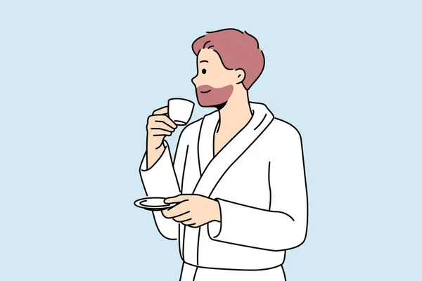 Mężczyzna Szlafroku Pije Kawę Przy Gorącym Drinku Obudzeniu Się Rano — Wektor stockowy