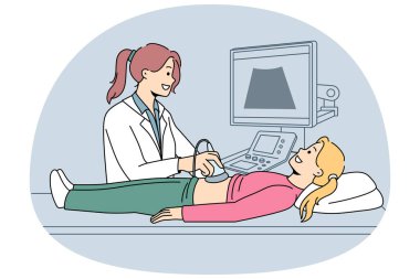 Kadın doktor, hastanedeki küçük kız için ultrason muayenesi yapıyor. Kadın terapist ya da çocuk doktoru, klinikteki ergen çocuğa organ taraması yaptırıyor. Sağlık hizmetleri. Vektör illüstrasyonu.