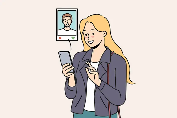 Vrouw Maakt Gebruik Van Dating App Mobiele Telefoon Het Kiezen — Stockvector