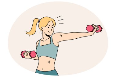 Dambılı genç bir kadın iyi vücut figürleri eğitimi alıyor. Spor giyinen tonlu bir kız sağlıklı yaşam tarzını takip eder. Vektör illüstrasyonu.