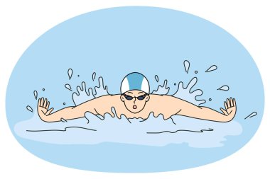 Yarışma ya da yarışma için anket eğitiminde yüzen bir sporcu. Yüzme havuzunda sporcu yüzücü. Spor ve aktivite. Vektör illüstrasyonu.