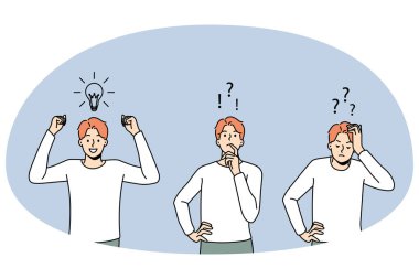 Adamın kafası karışık, sorunlu bir çözüm arıyor. Beyin fırtınası ve fikir üretme süreci. Yenilik ve problem çözme. Vektör illüstrasyonu.