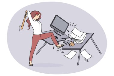 Kızgın kadın çalışan ofis masası iş yerinde sinir krizi geçiriyor. Öfkeli iş kadını, patinaj çekerken dolapta mobilya kırıyor. Vektör illüstrasyonu.