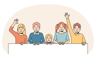 Happy children waving holding big paper banner on demonstration. Smiling kids have active social position go on march or protest. Activist and society. Vector illustration.