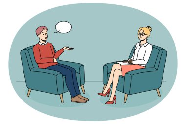 Man talking with female psychologist on session. Male patient sit in chair having psychotherapy session with counsellor. Mental health problem concept. Vector illustration.