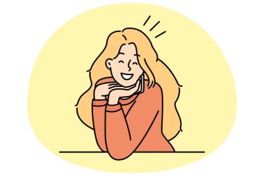 Gülümseyen genç kadının portresi kameraya bak iyimser ve neşeli hisset. Kapalı mekanda poz veren mutlu milenyum kızları. Vektör illüstrasyonu.