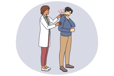 Fizyoterapist erkek hastaya sırt ağrısı ve spazm geçirmesi için yardım ediyor. Kadın doktor masaj adamı omuz ya da boyun kasları, sırtındaki gerilimi azaltır. Sağlık hizmetleri. Vektör illüstrasyonu.