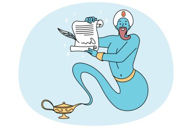 Blue genie from golden bottle holding paper granting wishes. Jinn with magic powers showing poster with desires. Cartoon character fairy tale. Vector illustration. clipart