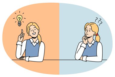 Kız düşünüyor ve cevabı buluyor. Kız öğrenci cevapları ararken ve çözüm üretirken kafası karışmış. Yenilik ve problem çözümü. Vektör illüstrasyonu.