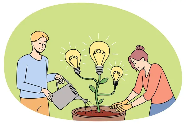 人们用灯泡浇灌盆栽 形成了富有创意的想法 男人和女人不断发展创新 播种产品上市 矢量说明 — 图库矢量图片