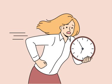 Running woman is holding clock and is nervous trying to comply with deadlines and complete work on time. Business woman making career as manager is in hurry to not be late and meet deadlines. clipart
