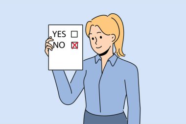 Kadın seçmen, cumhurbaşkanlığı seçimi veya referandum için hayır cevabı vererek oy kullanıyor. Seçmen, sosyal açıdan önemli konulardaki nüfusu incelemek üzere tasarlanmış anketi tutuyor.