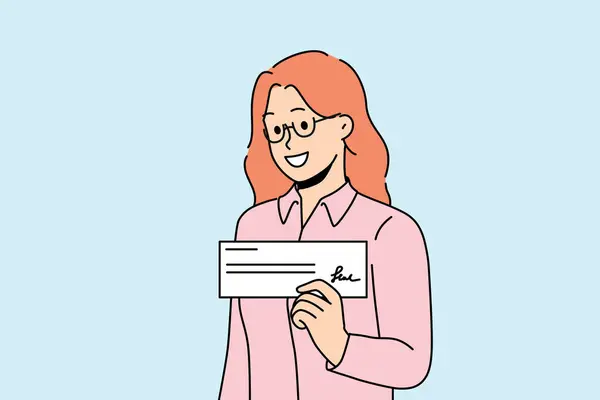 stock vector Woman with paycheck in hand smiles demonstrating financial document confirming receipt of salary or bonus. Signed paycheck in hands of businesswoman who closed deal and received payment from buyer