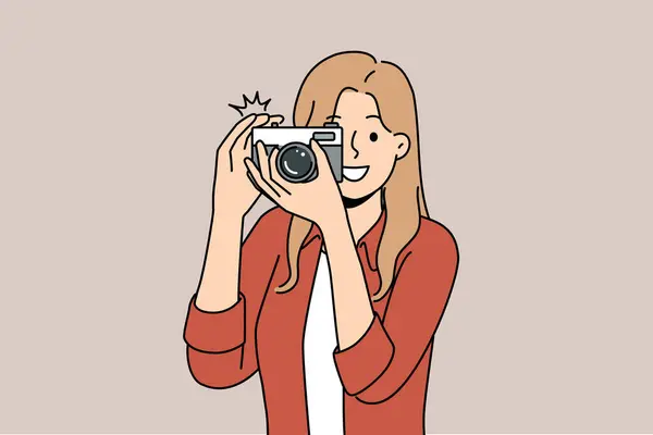 Woman Camera Smile Takes Photo Publication Newspaper Pages Personal Internet — Stock Vector