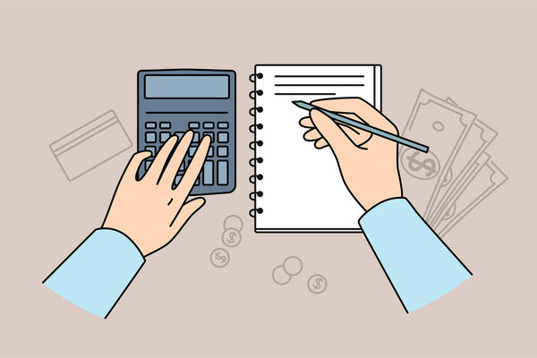 Hands of accountant using calculator for auditing and making entries in financial journal, located at table with money. Accounting services for preparation of financial analysis for business clients