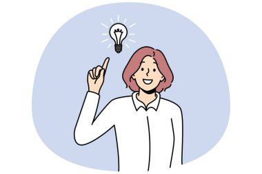 Ampullü gülümseyen kadın yaratıcı bir iş fikri üretiyor. Mutlu iş kadını düşünce üretir, sorunu çözer. Çözüm ve yenilik. Vektör illüstrasyonu.