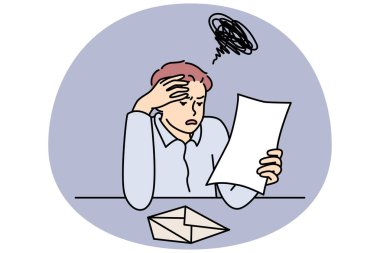 Unhappy man reading bad news in letter feel frustrated with massage. Upset guy distressed with notice or notification. Frustration and post mail. Vector illustration.