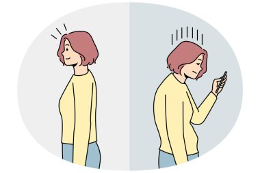 Akıllı telefon duruşu iyi duruşu ile karşılaştırıldığında kötü bir kadın. Sırt sorunları. Sağlık ve ilaç servisi. Vektör illüstrasyonu.