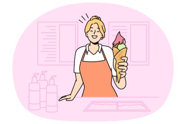 Gülümseyen kız, sokak satıcısından gelen dondurmayla elini uzatıyor. Mutlu kadın dondurulmuş tatlı verir. Ticaret ve küçük işletmeler. Vektör illüstrasyonu.