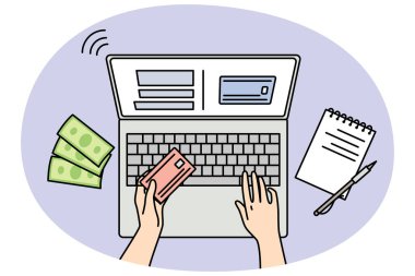 Bilgisayardan alışveriş yapan kişinin kredi kartıyla ödeme yapması. Müşteri internet üzerinden ödeme yapıyor. Web bankacılığı konsepti. Vektör illüstrasyonu.