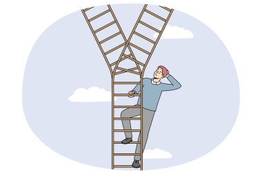 Merdivendeki iş adamı karar verir ya da seçim yapar. İnsan hangi yolu seçeceğine karar verir. İkilem ve seçim seçeneği. Vektör illüstrasyonu.