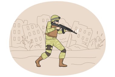 Üniformalı, silahlı bir asker toprağı korumak için şehri yok etti. Savaşta askerlik yapan bir savaşçı. Ön tarafta görevli var. Vektör illüstrasyonu.