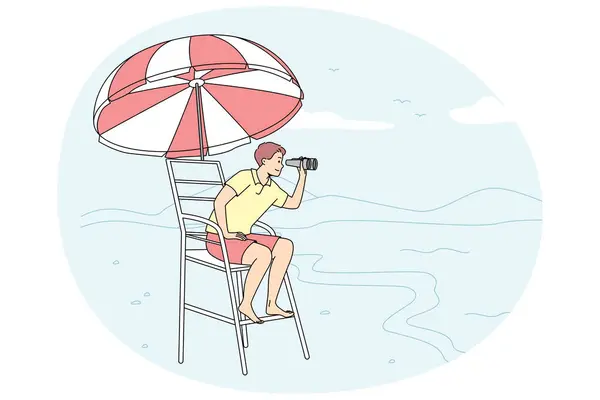 Male Lifeguard Sitting Chair Beach Looking Binoculars Man Lifesaver Tower — Stock vektor