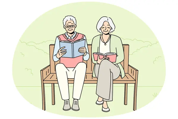 Joyful Mature Couple Sit Bench Pack Reading Books Smiling Old — Vettoriale Stock