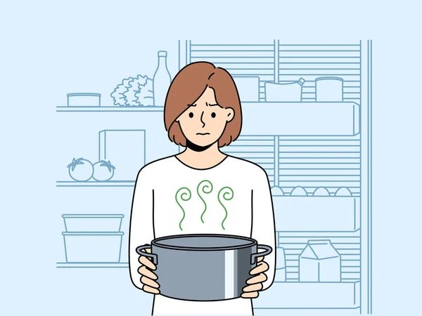 stock vector Frustrated woman housewife with pot of sour soup, feels bad smell from food spoiled due to violation of sanitary rules. Girl is standing in kitchen and holding stinking soup in bewilderment