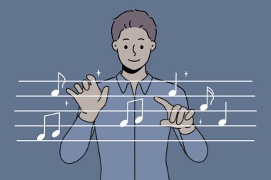 İnsan orkestra şefi el sıkışır, hayali notaların yanında durur ve müzisyenler için yeni bir müzik kompozisyonu bulur. Senfoni orkestrası şefi sahneye çıkmadan önce prova yapıyor.