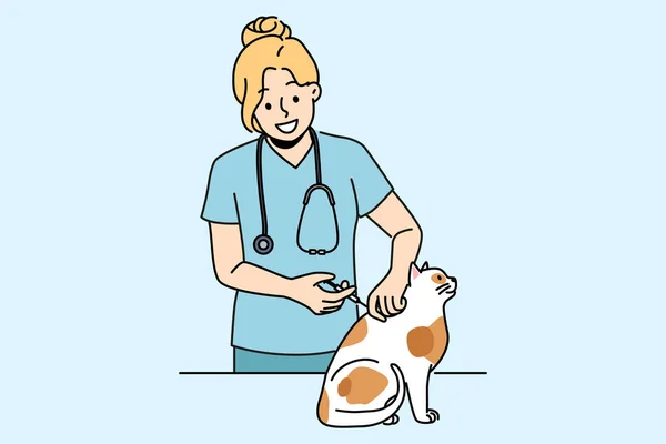 Kadın Veteriner Kediyi Tehlikeli Virüs Bakterilerden Korumak Için Aşıladı Gülümseyen — Stok Vektör