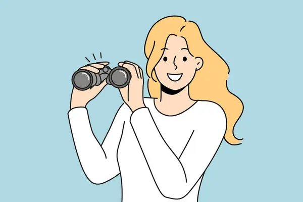 Mulher Com Binóculos Sorri Olha Para Câmera Mostrando Curiosidade Ânsia —  Vetores de Stock