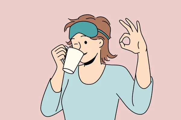 Mulher Bebe Café Manhã Depois Acordar Mostra Gesto Máscara Sono —  Vetores de Stock